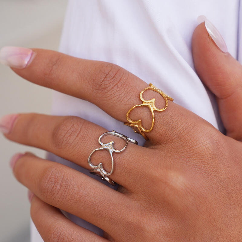 Stainless Steel Heart-Shaped Hollow Opening Rings for Women Men Classic Texture No Fading Couple Rings Party Jewelry Accessories