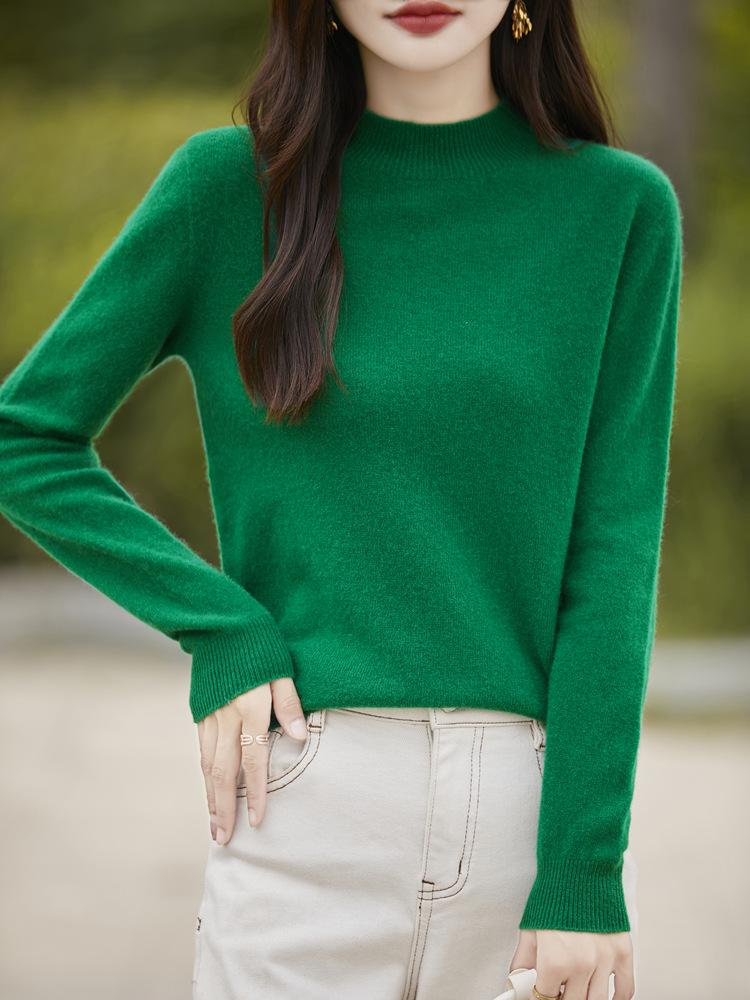 Women's Slimming Wool Sweater - Half High Neck, Long Sleeve, Loose Velvet Pullover, Versatile Knitwear for Autumn/Winter.