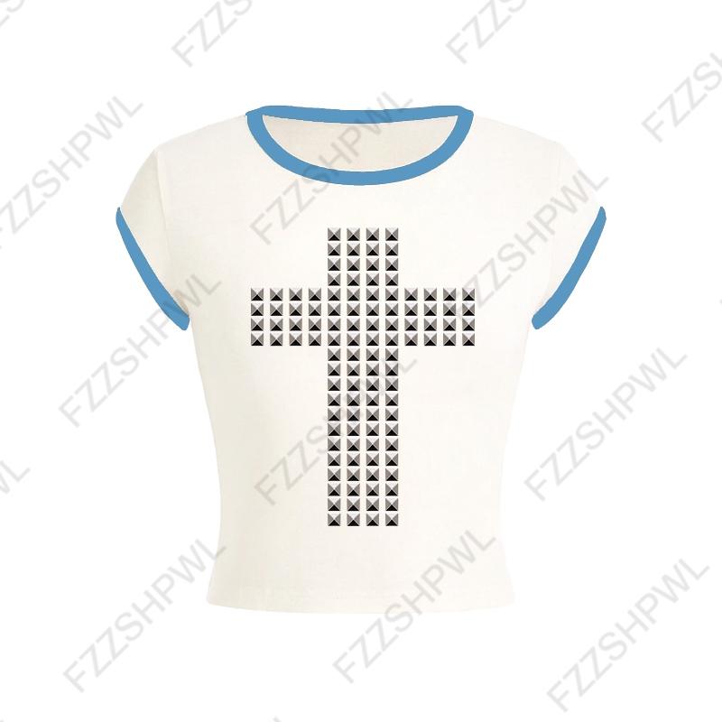 VAYLA Gothic Punk Rock Hip Hop Damska koszulka z krótkim rękawem Seksowna, dopasowana, szykowna, swobodna, podstawowa, metaliczna, dekoracyjna, krótka bluzka Y2K Emo Girl Clothes