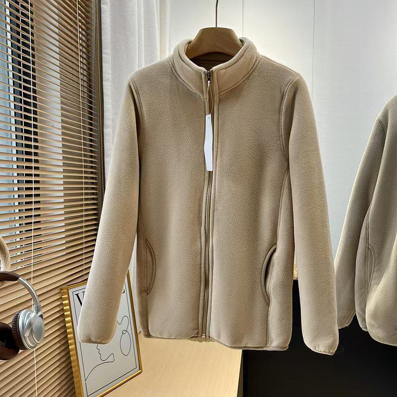 Unisex Retro Fleece Thickened Jacket with Stand Collar and Zipper - Autumn Winter Style