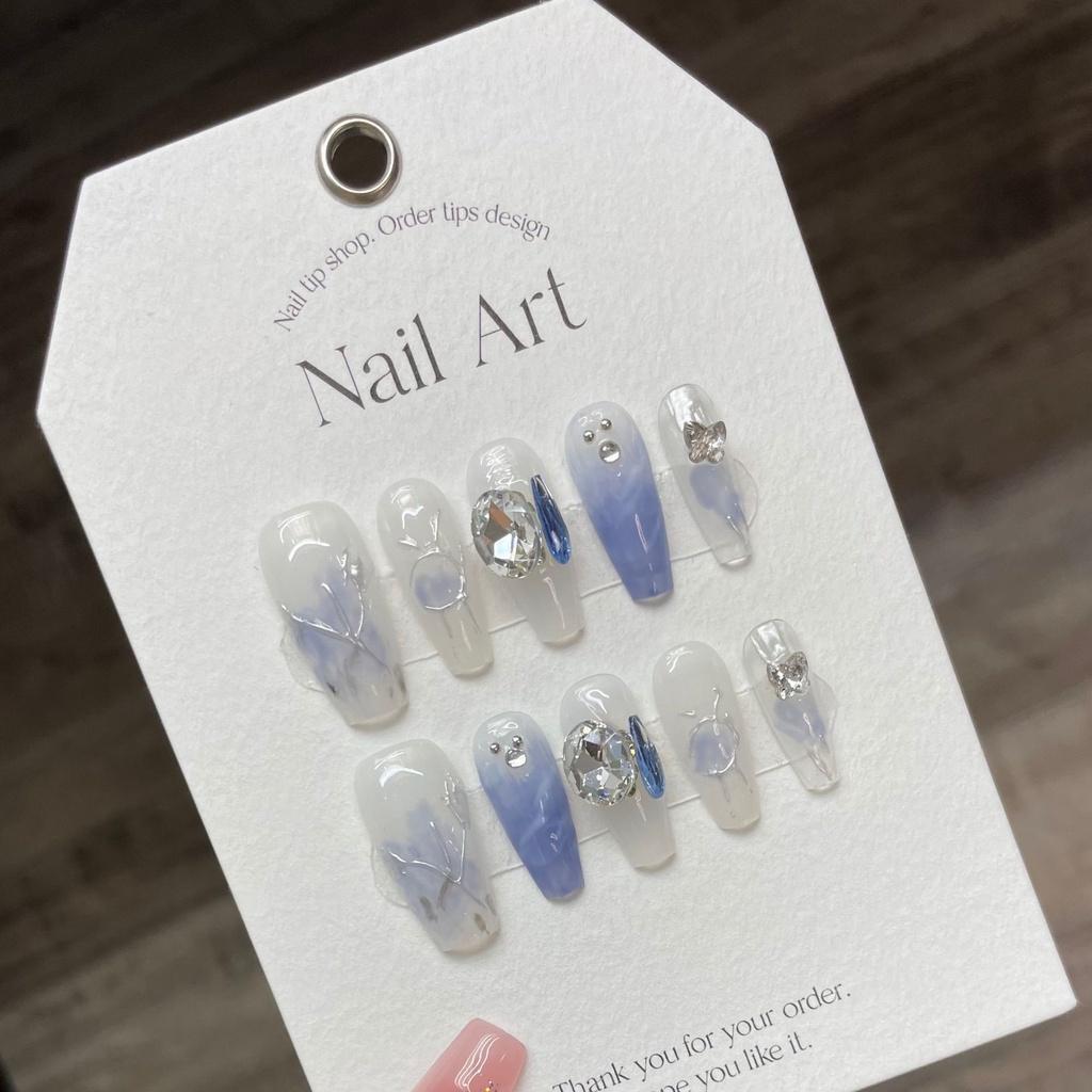 HANDMADE Artificial Nail Blue Blooming Fairy Clear Blue Ins Wind Butterfly Phototherapy Nails Reusable and Removable Nails