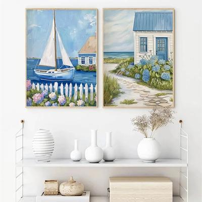 Pósters de Playa Costera Azul con Conchas Marinas y Velero Impresiones Pintura en Lienzo Arte de Pared Imágenes Decoración del Hogar para Sala de Estar Cuadros