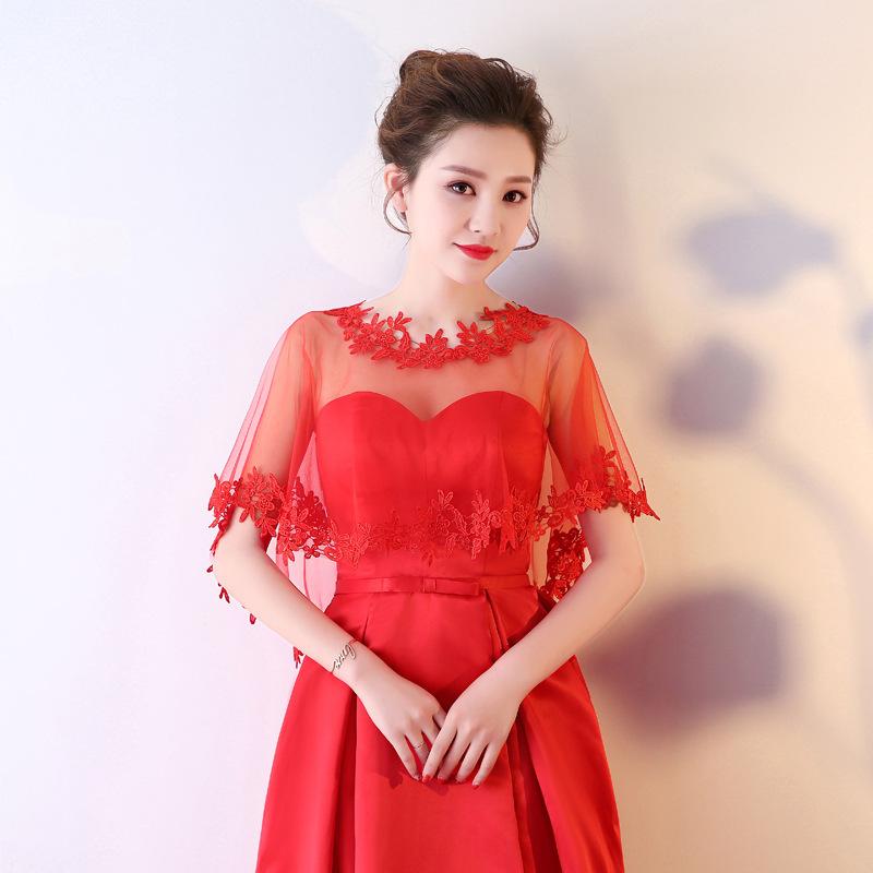 Bolero Scurt din Tulle Transparent cu Aplicații Florale din Dantelă 3D, Pelerină, Șal pentru Rochie de Mireasă, de Seară, Bal, Domnișoară de Onoare, cu Umerii Goali L roșu