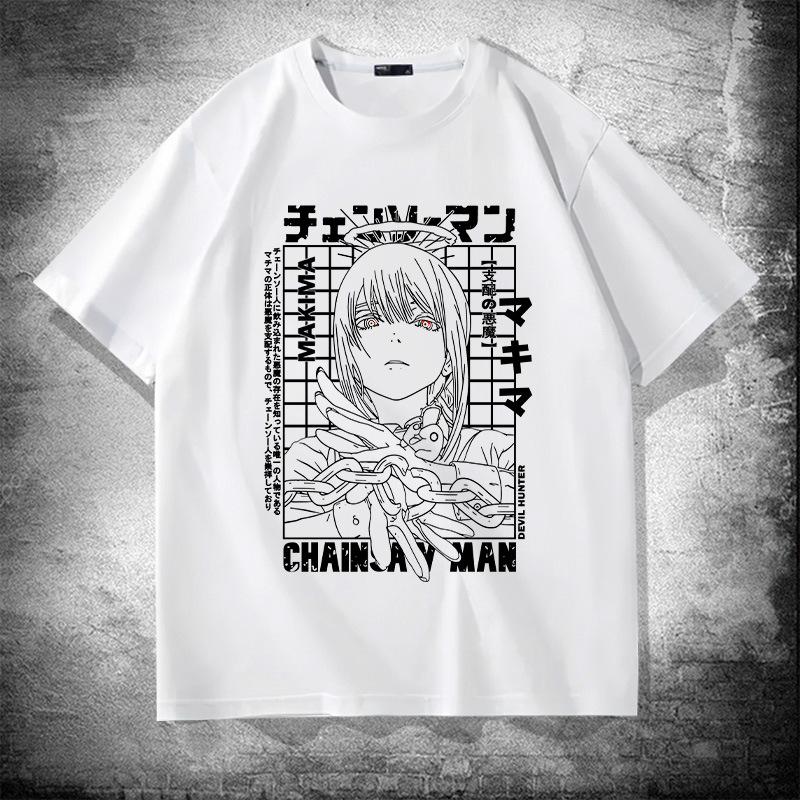 Japanese anime chainsaw man Makima pure cotton short-sleeved men's T-shirt Summer trend brand loose off-the-shoulder half-sleeve