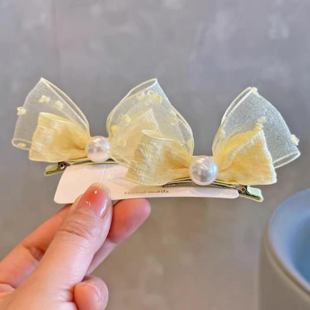 Korean Style Pearl Bow Mesh Hair Clips for Girls