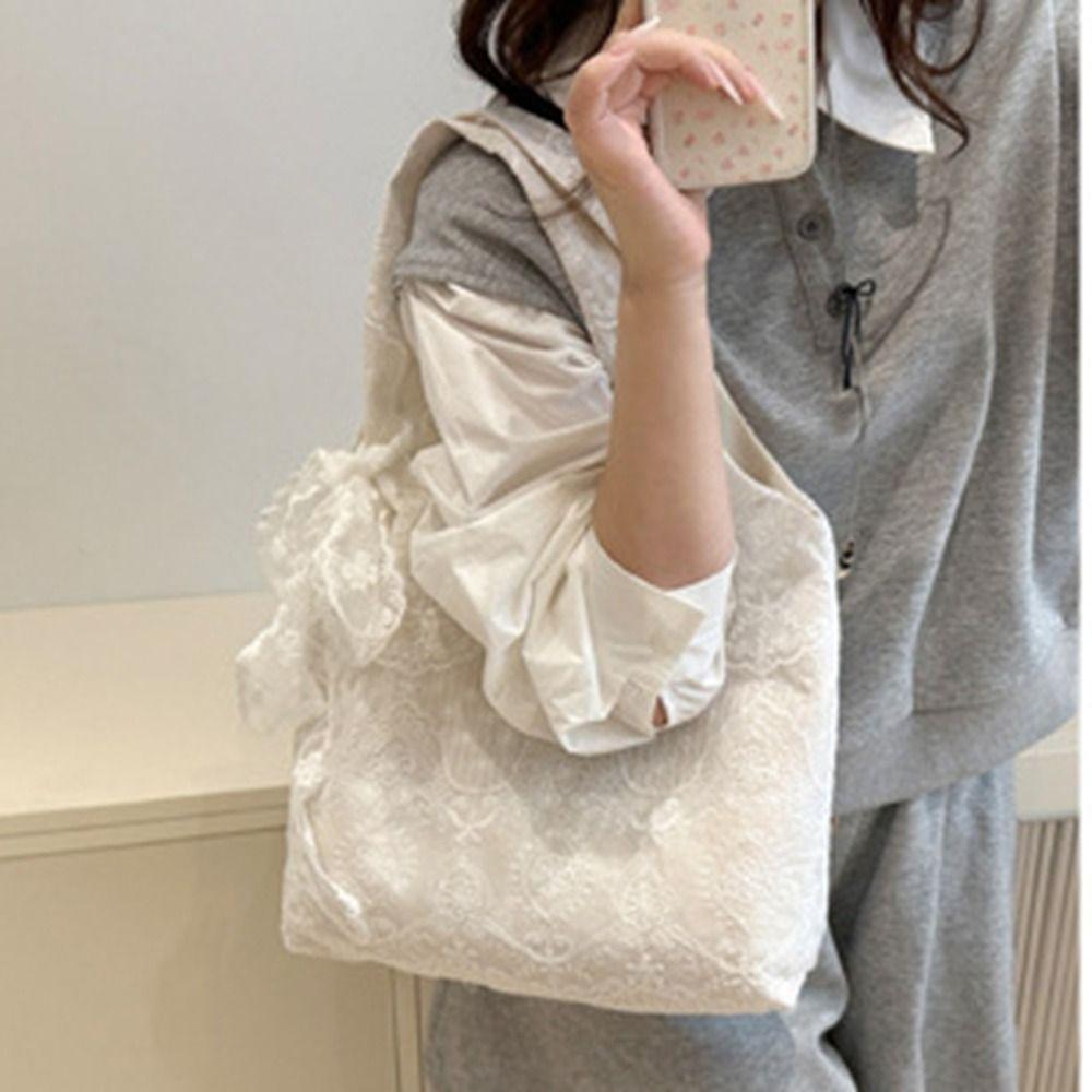 With Ribbon Simple Canvas Handbag Korean Style Large Capacity Bag Lace Shoulder Bag Daily