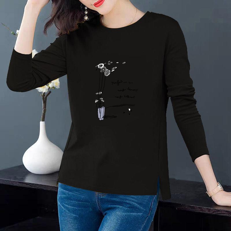 Spring and Autumn Women's Pure Cotton Long-Sleeve Split Round Neck Loose T-Shirt