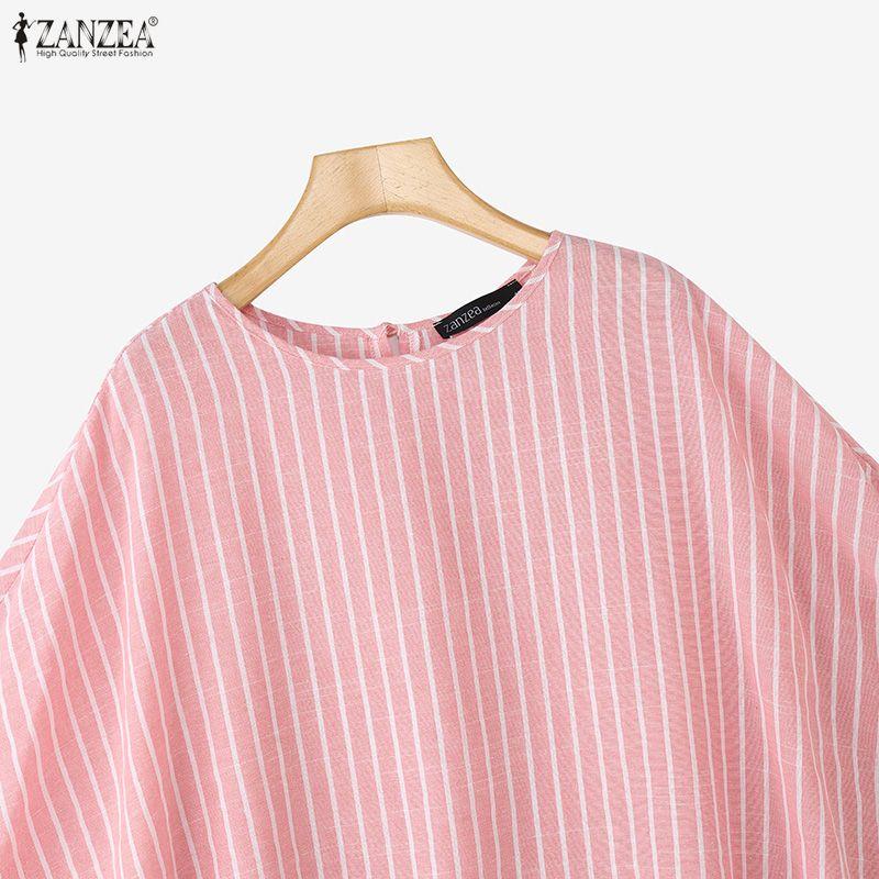 ZANZEA Women Casual Round Neck Dolman Sleeve Summer Stripe Blouse