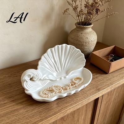 Decorative Resin Storage Dish 3D Printed Shell Wave Jewelry Tray Pearlized White Organizer Dish Elegant Ring Seashell Shape Trinket Multifunctional