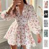 Women Elegant Sweet High Waist Floral Print Lace Trim Lantern Sleeve Casual Mini Dress