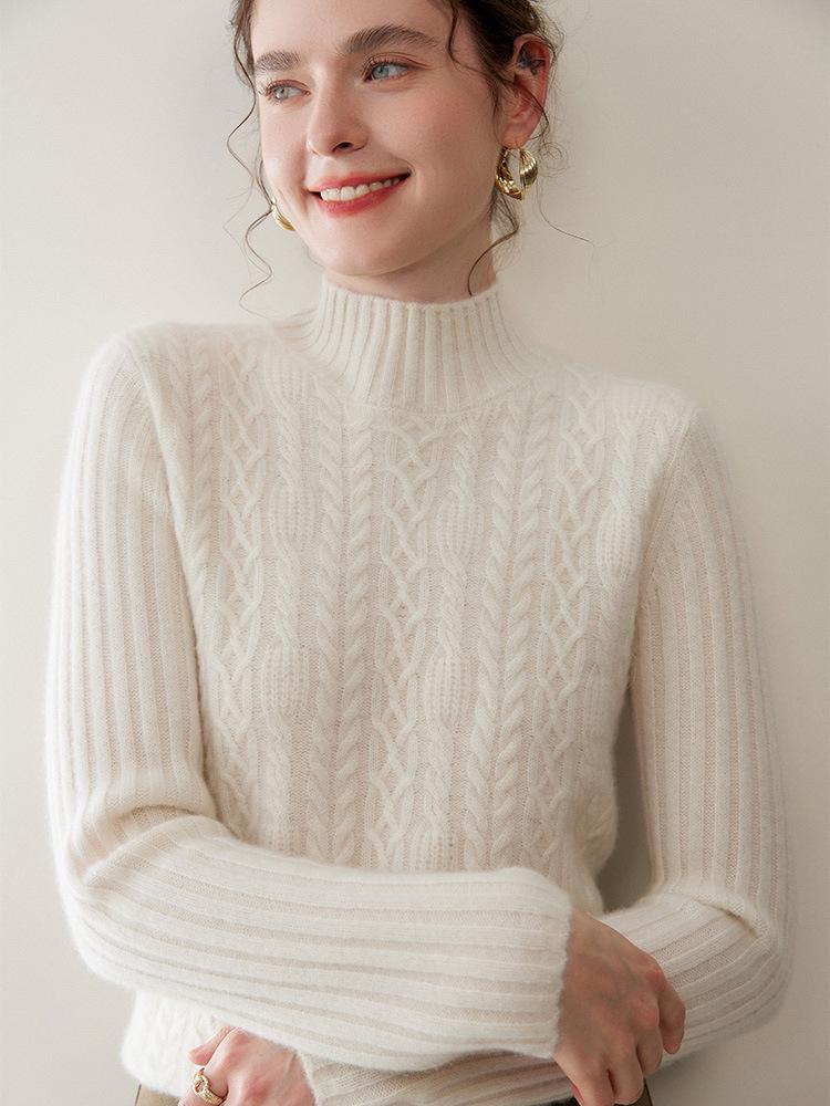 Women's Thick Cable Knit Cashmere Sweater - Half-High Neck, Long Sleeve, Solid Color Loose Fit for Fall and Winter Layering.