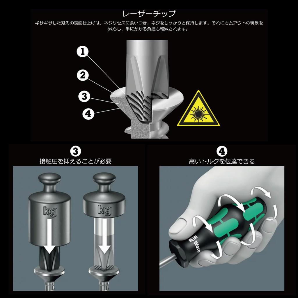Wera Laser Tip Ball Grip Screwdriver Set, 3-Piece Set, Black/Green, Germany, 1850 PH1 x 80mm / 1850 PH2 x 100mm / 1850 PH3 x 150mm