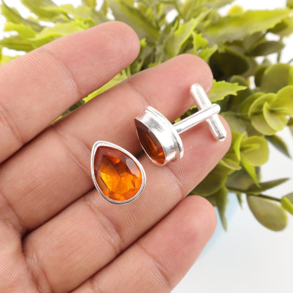 Citrine Gemstone 925 Sterling Silver Handmade Cufflinks 0.66" Gift For Husband CL-6-3