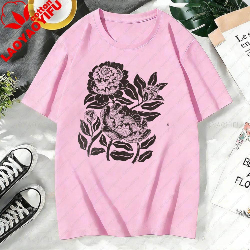 Peony Floral Ringer Tee Vintage Botanical TShirt Cottagecore Flower Shirt Retro Linocut Floral Tee Boho Garden Graphic Shirt