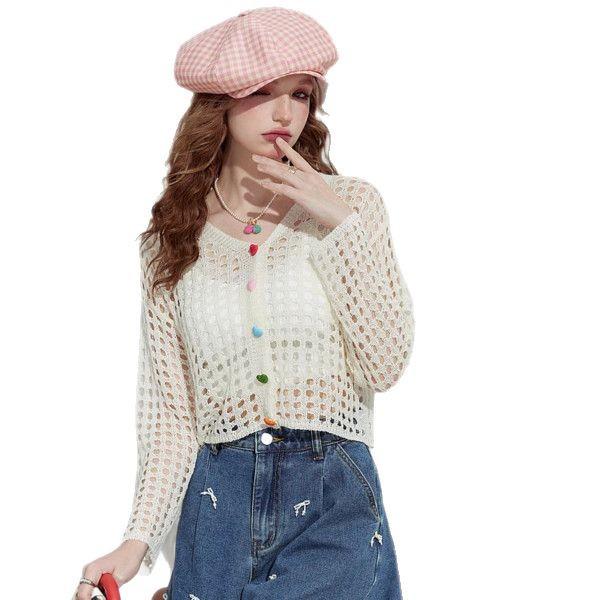 2025 Summer Korean V-Neck Hollow Loose Knit Cardigan for Women