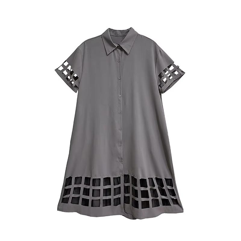 

XITAO Hollow Out Patchwork Gauze Short Sleeve Dress GYX1621 One Size серый