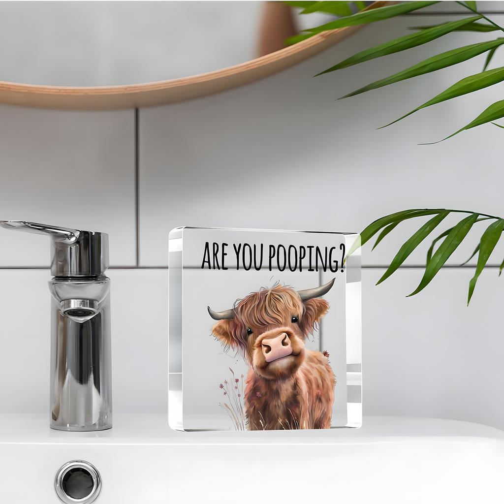 1pc Funny Highland Cow Bathroom Decor - 'Are You Pooping?' Bathroom Sign with Cute Scottish Cow, Acrylic Bathroom Decoration- Acrylic Desktop Ornament