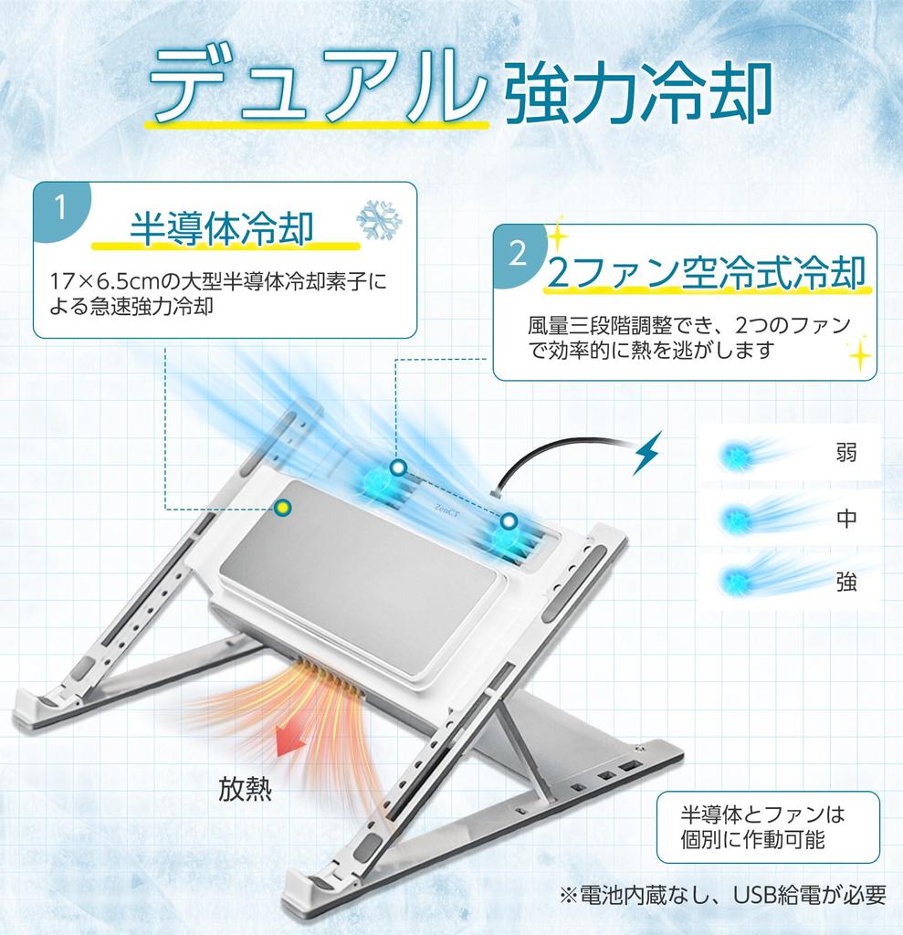 ZenCT Laptop Cooling Pad [2025 New Release - Semiconductor + Powerful Fan Cooling - Up To 6°C] Peltier Element Cooling Stand, 4 Height Settings, 3 Air