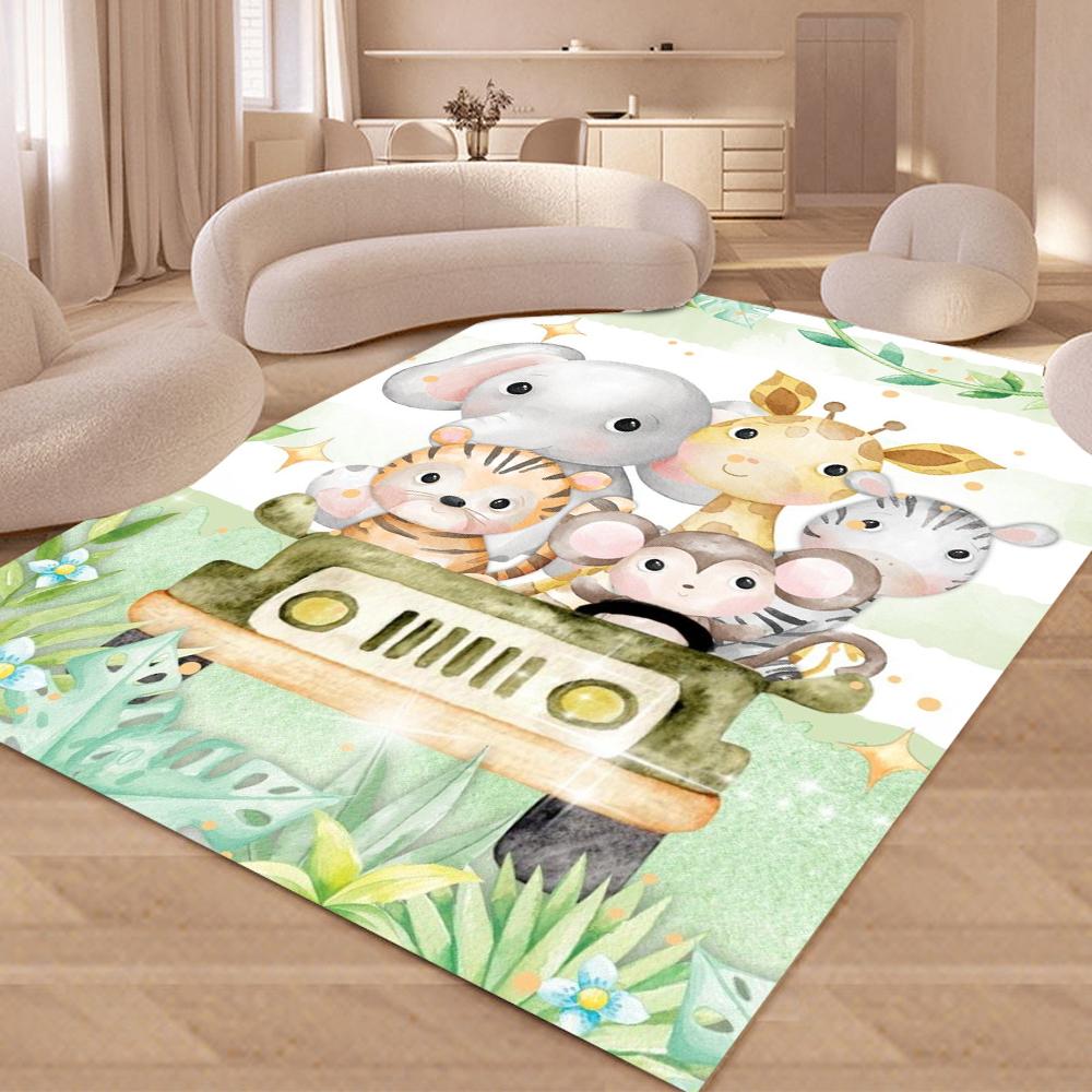 3D Jungle Animals Printed Rugs Cartoon Floral Safari Animals Rug for Bedroom Livingroom Non-slip Carpet Kids Room Area Rug Decor