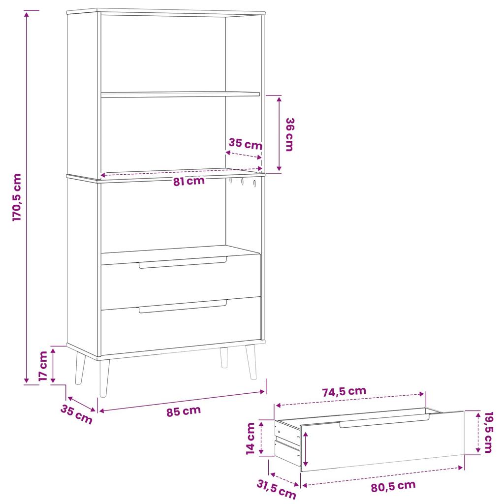 Bookshelf MOLDE 85 X 35 X 170.5 Cm Solid Pine Wood