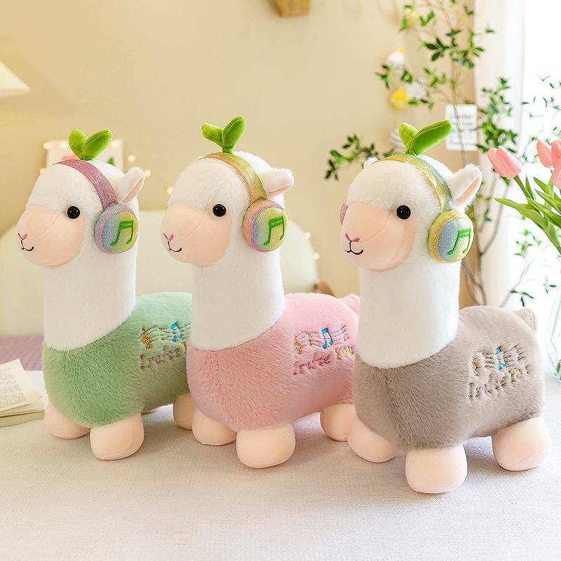 Headphones Alpaca Wear Plush Toy Soft Short Plush Stuffed Animal Home Decoration