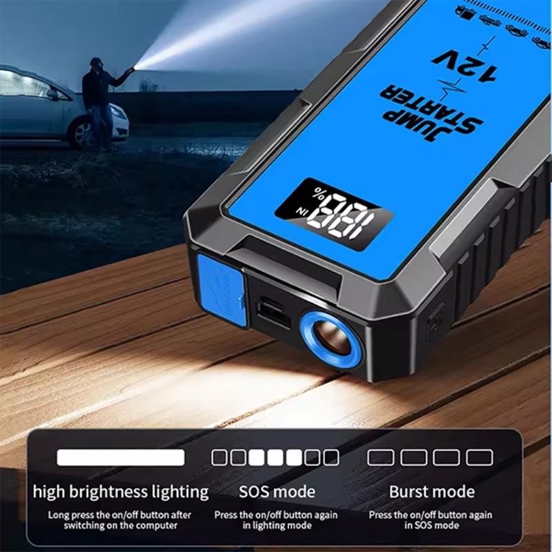 Vehicle Jump Pack with 5 V/2 A Input and Output, LCD Battery Readout, 12 V Starting Support, and Steady, Flashing, and Emergency Light Modes