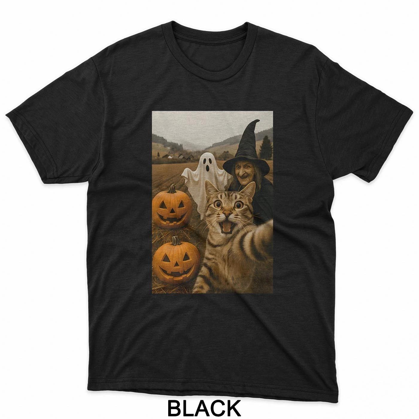 HOT SALE Funny Halloween Cat Selfie with Ghost Boo Witch Pumpkin T-Shirt Gift New T-Shirt Soft Round-neck Tee Streetwear Style 4XL