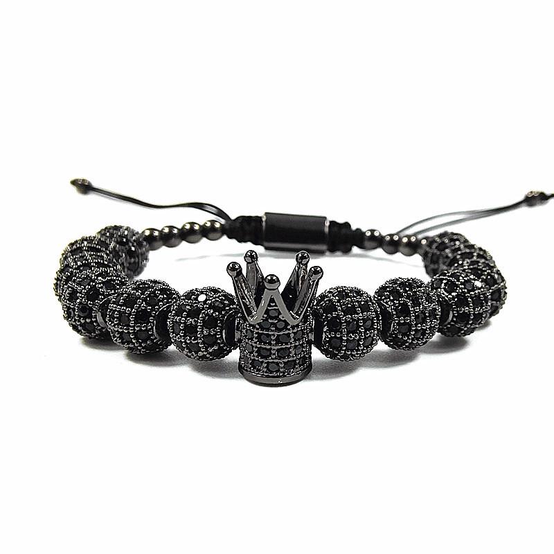 European & American Style 8mm CZ Zirconia Diamond Ball Crown Woven Beaded Bracelet for Men & Women, Punk Style