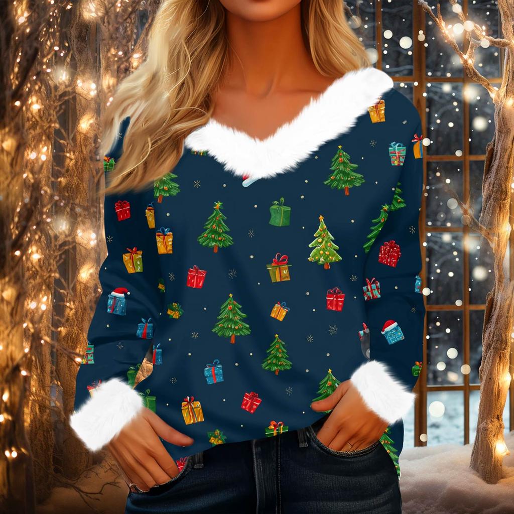 Damen Modisches Lässiges V-Ausschnitt Weihnachts-Print Langarm-Oberteil
