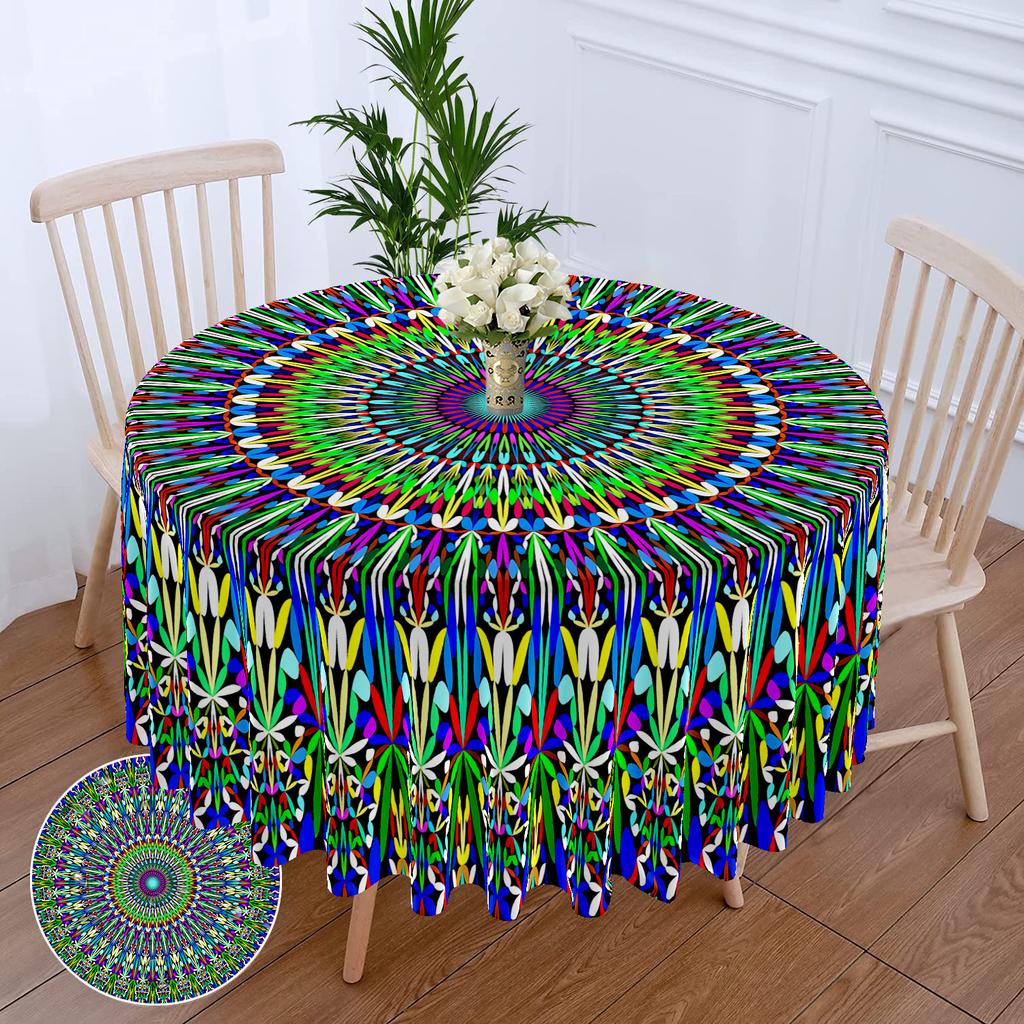 1 Piece Circular Tablecloth With Green Red Flower Waterproof Colorful Terrace Table Cover Multi-Purpose 63 Inch Totem Tablecloth