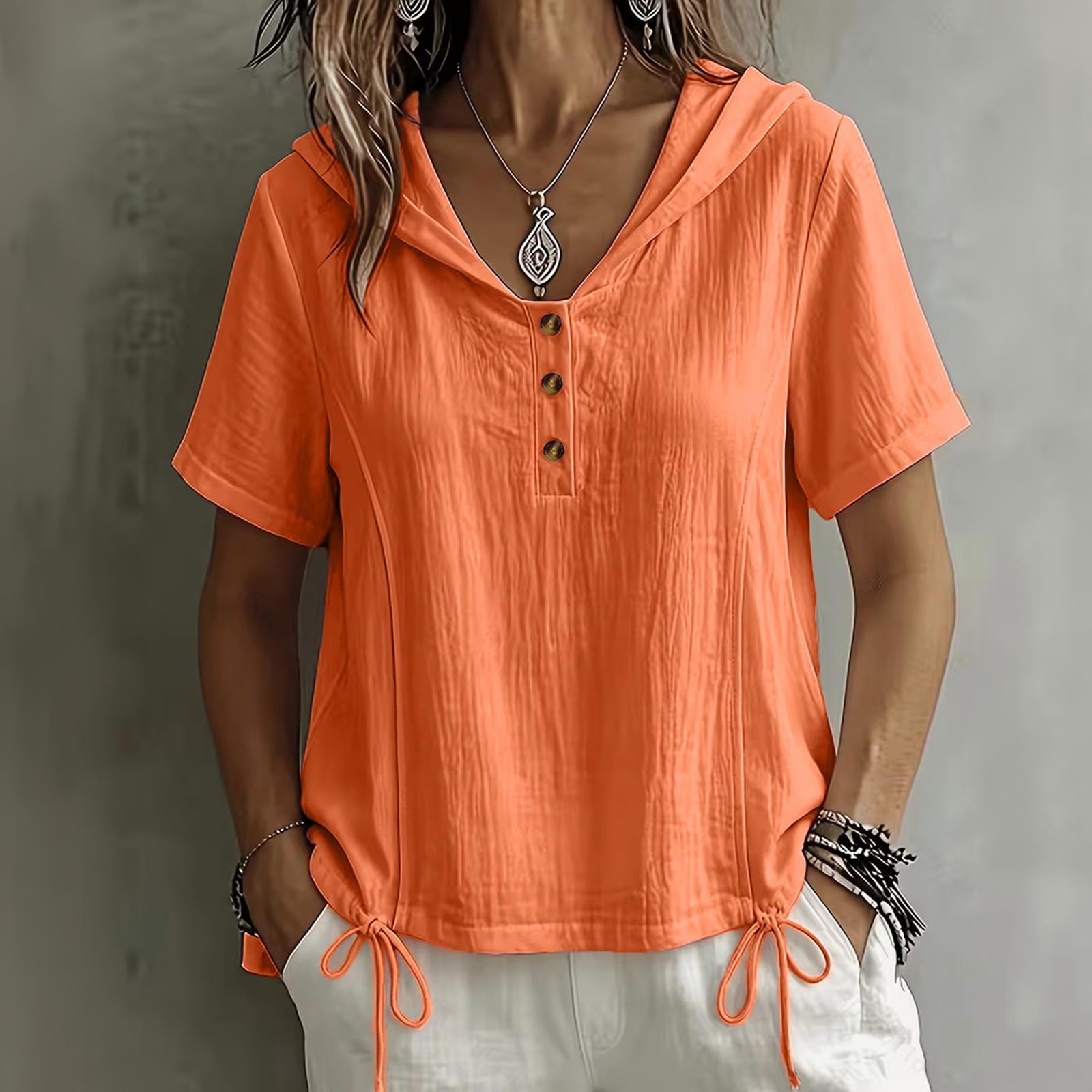 Women s Plus Size Button Down Hooded Short Sleeve Blouse Top Casual XXXXL