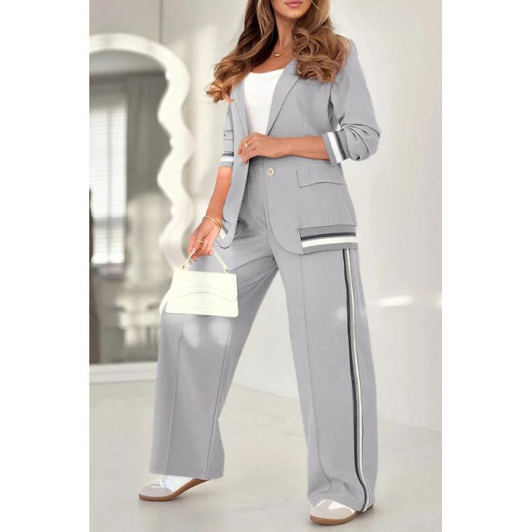 Pant Sets Women Wide Leg Pants Two Piece Set Button Coats Matching Sets Patchwork High Waist Elegant Trousers Pockets Sporty