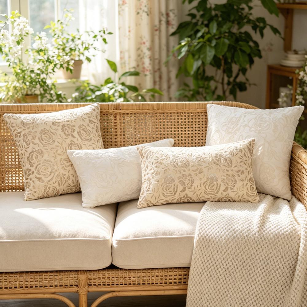 BuyNow 1PC Sequined Embroidered Floral Pillowcase Beige Cushion Cover for Living Room Sofa Home Party Bedroom Decor Sofa Cushion