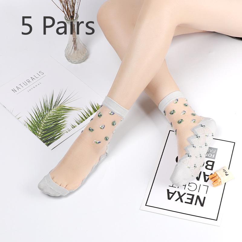 5 Pairs of Women's Spring and Summer Plus Cotton Bottom Floral Mesh Non Slip Crystal Silk Mid Tube Socks
