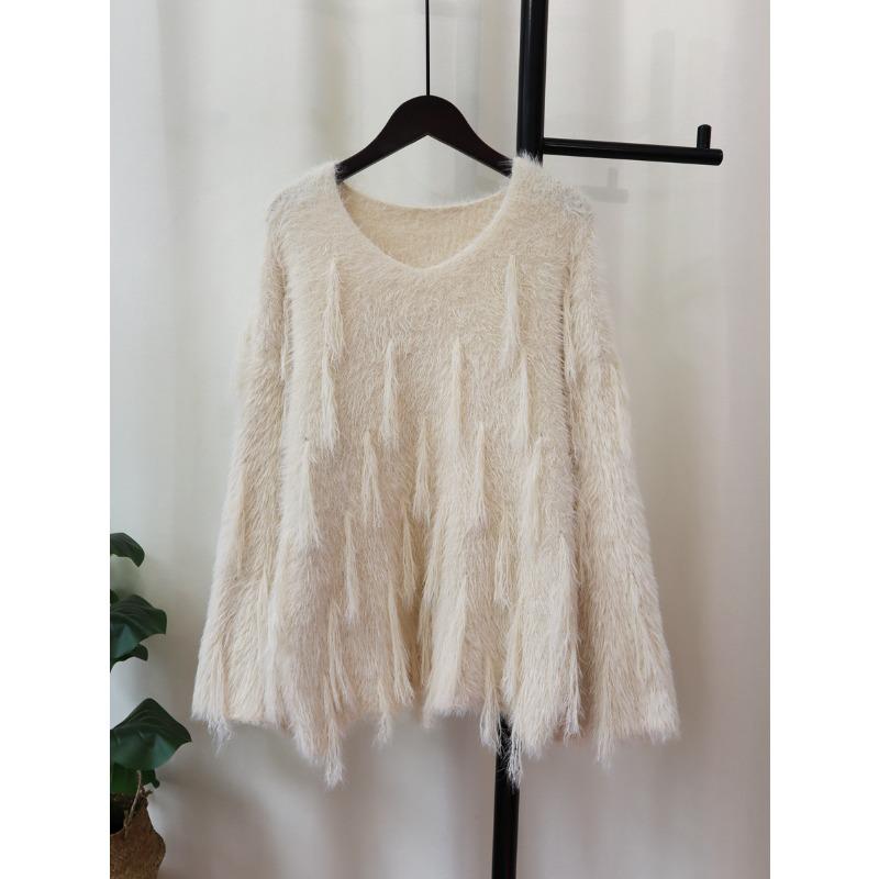 Imitation mink velvet fringed design sweater pullover women's autumn and winter new loose soft waxy knitted sweater top