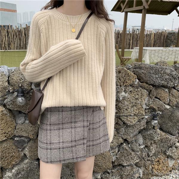 Lazy Style Korean Early Autumn Gray Round Neck Loose Sweater Knit Top 2025