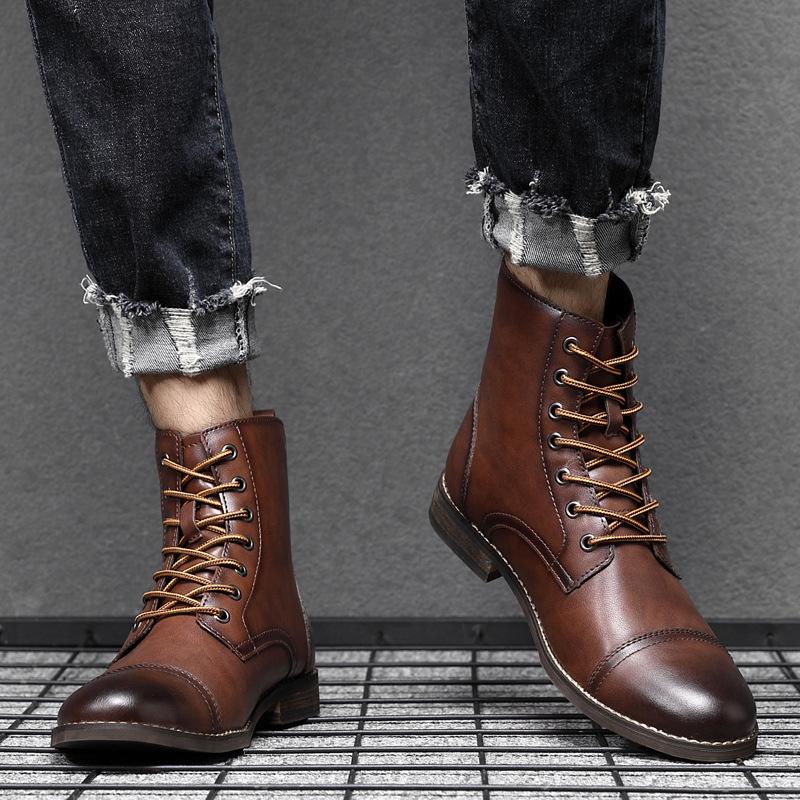 Men's Korean Style Retro Leather High-Top Martin Boots - Autumn Plus Velvet, Large Size, Work and Cotton Options Available.