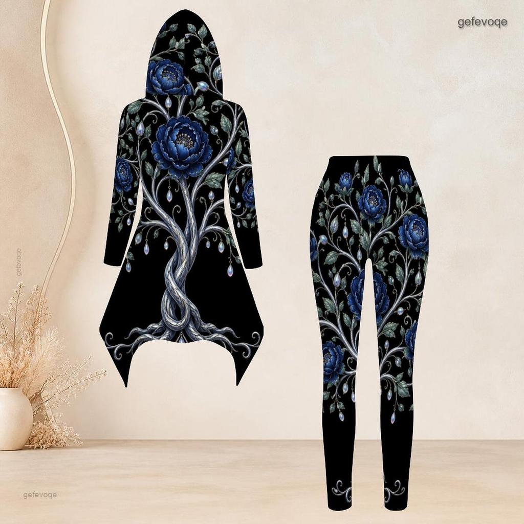 Women Plus Size Black Gold Printed Hooded Long Sleeve High Low Top Fitted Pants Two Piece Set