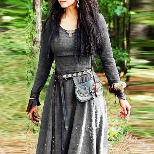 Medieval Retro Round Neck Long-sleeved Slim-fitting Dress, Renaissance Long Cosplay Performance Dress for Women