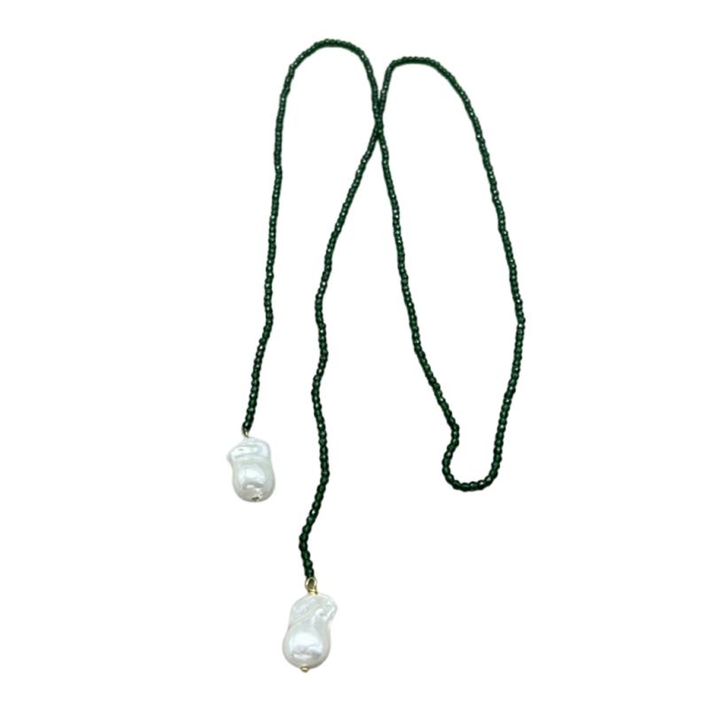 Adjustable Green Spinel Crystals Necklace Paired With Imitation Pearls Strands for Stylish Layer Look
