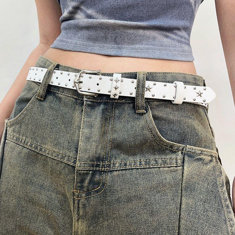Women'S Y2K Star Rivet Pu Leather Belt Punk Gothic Adjustable Pin Buckle Waistband Trendy Streetwear Decor Belt For Jeans Skirt