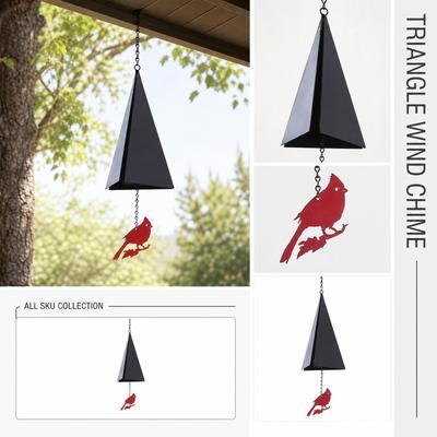 Carillon éolien métallique d'extérieur en forme triangulaire Décoration suspendue pour jardin Art du fer Ornement de patio de cour avec pendentif oiseau