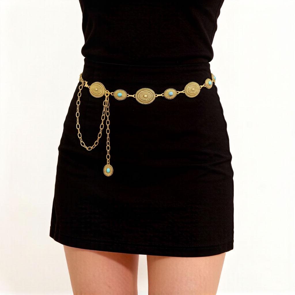 Turquoise Retro Ethnic Waist Chain: Versatile Slimming Accessory for Dresses