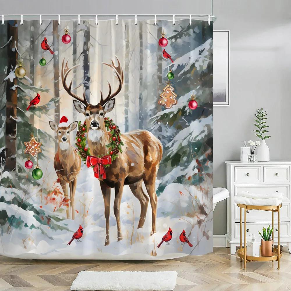 Funny Christmas Animals Shower Curtain Cute Puppy Dinosaur With Christmas Hat Flamingo Fabric Home Bath Curtains Bathroom Decor