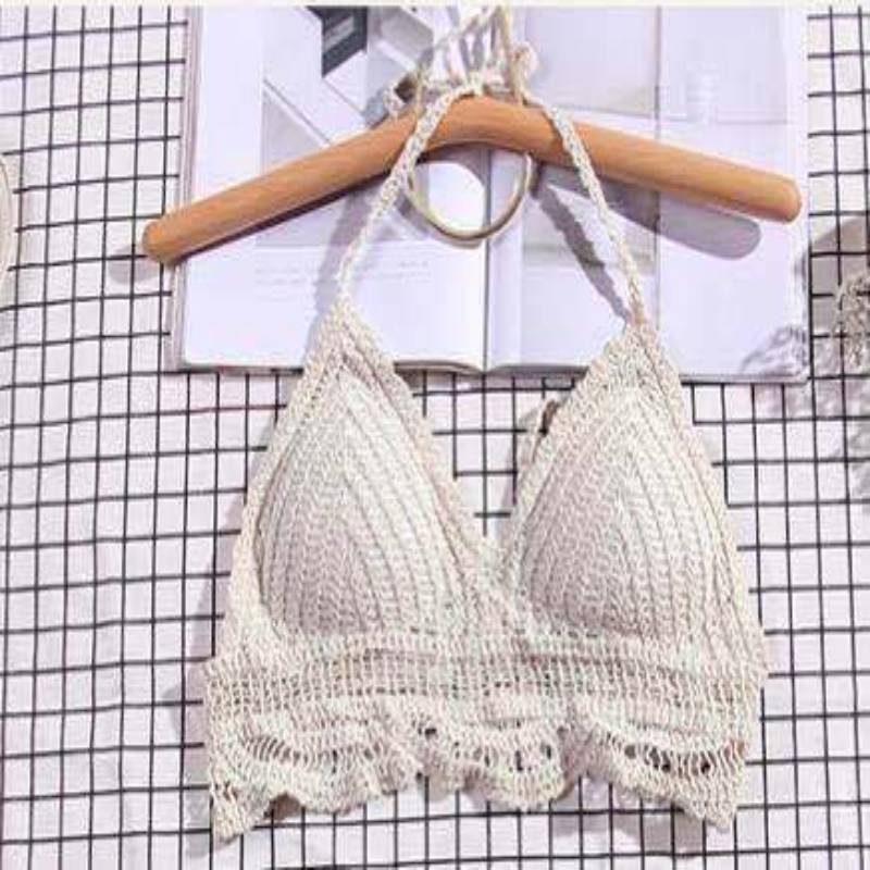 

Сексуальный женский топ с лямкой на шее, пуш-ап, вязаный кружевной купальник ручной работы, топ One size миндальный