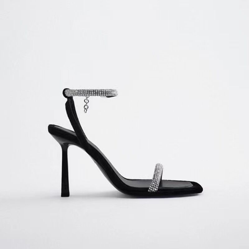 Fashion Diamond high-heeled sandals for women's summer new style square toe exposed temperament European and American one-piece sandals