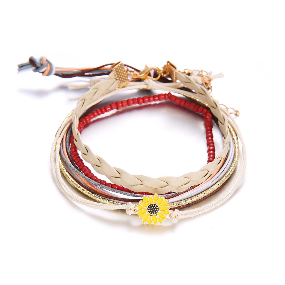 

5 Piece Set Bohemian Small Daisy Leather Rope Vintage Bracelet Gold Plated Inlaid Artificial Gemstones 5 piece set #1