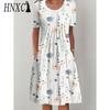 HNXC 30 Color Pleated Midi Dress Short Sleeve Round Neck Loose Hem Mid-Calf Length Women Floral A-Line Party Dress Casual Wear