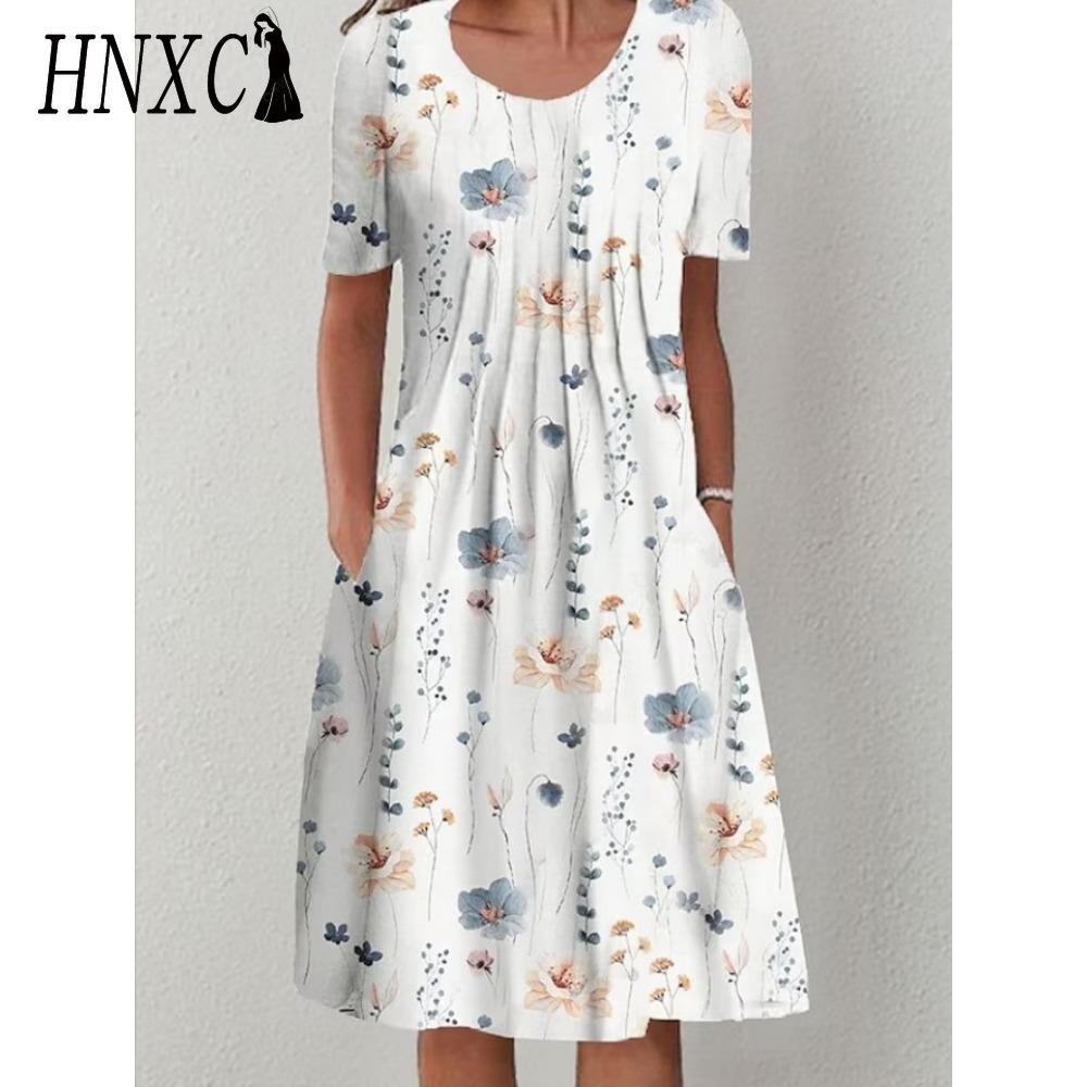 HNXC 30 Color Pleated Midi Dress Short Sleeve Round Neck Loose Hem Mid-Calf Length Women Floral A-Line Party Dress Casual Wear