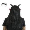 Creepy Red Devil Costume Accessory Halloween Satan Mask Realistic Full Head Latex with Long Escape Room Horror Decorations Horns And Fangs,